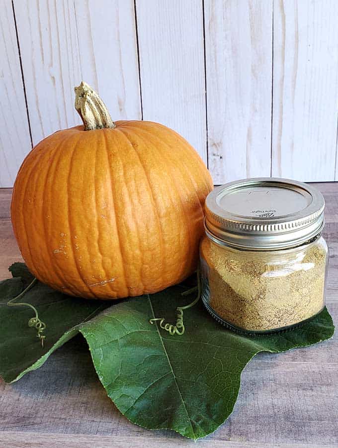 Pumpkin and a jar of dehydrated pumpkin powder in a jar on a pumpkin leave on a wooden surface