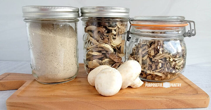 Jars of mushroom powder, dried mushroom slices and dehydrated mushroom chips