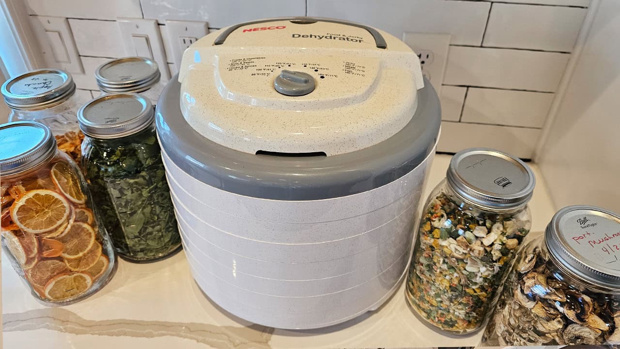 A Nesco dehydrator on a kitchen counter, surrounded by five mason jars filled with various dried fruits and vegetables.